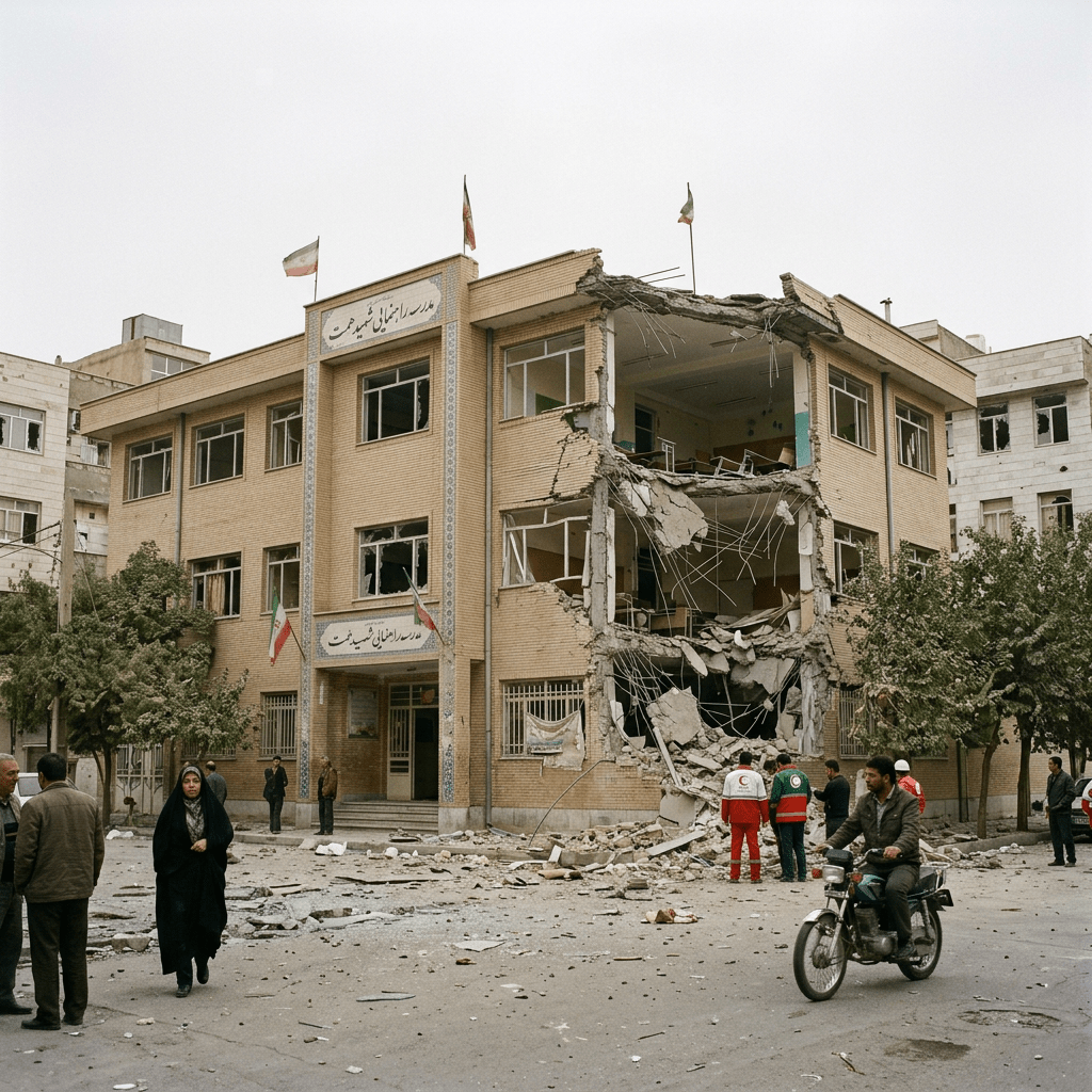 Three-story school building with large section collapsed and debris scattered